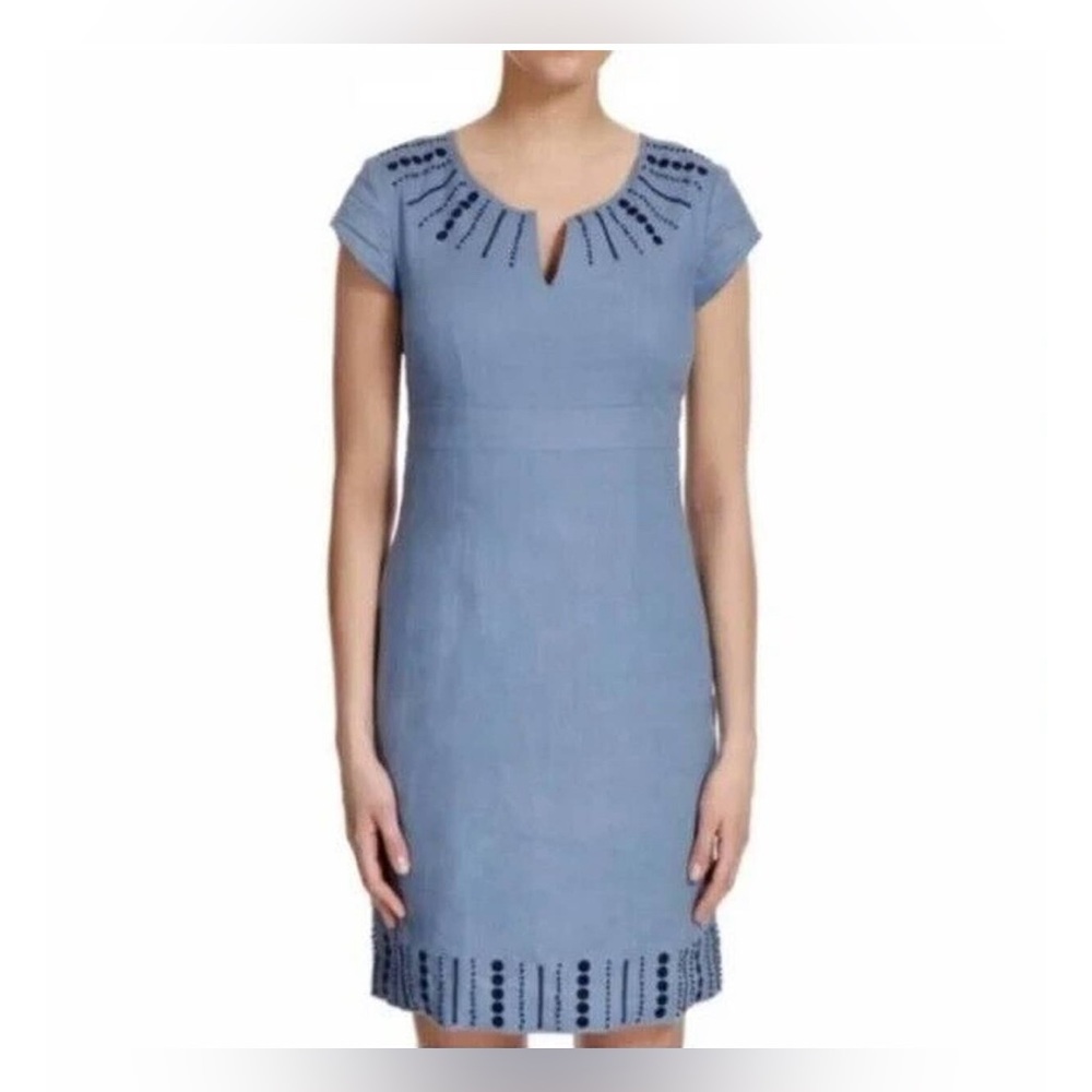 Boden 100% Linen Blue Sorrento Linen Short Cap Sleeve Embroidered Dress Size 6